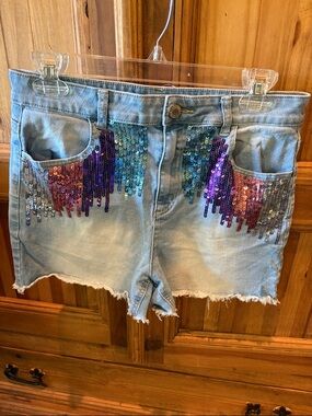 Justice Light Blue Denim Shorts with Rainbow Sequin Fringe